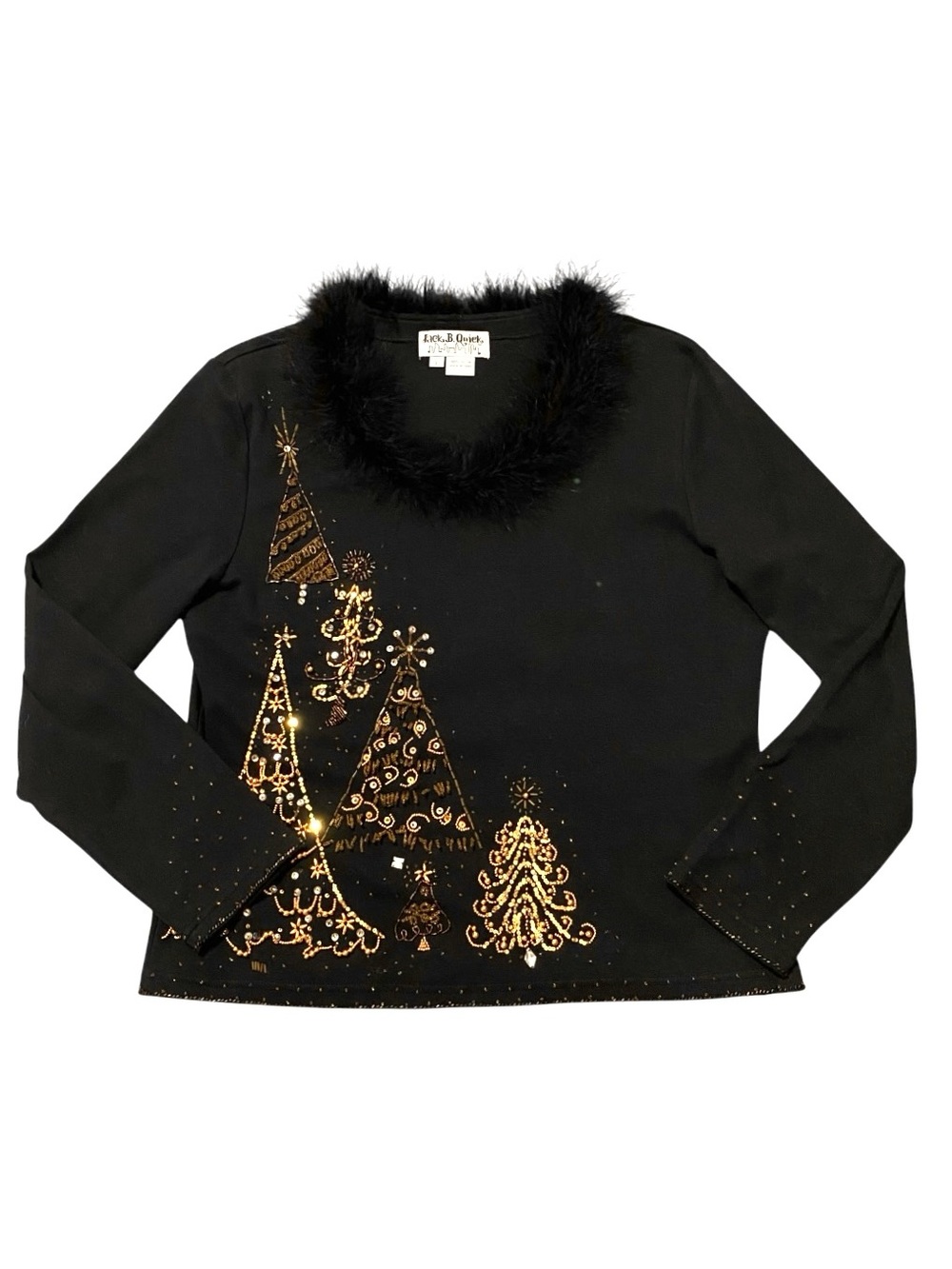 Jack B Quick Black Christmas Top L Beaded Sequin Faux Fur Holiday Trees - Picture 4 of 8